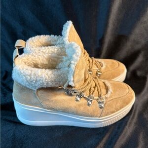 Madden Girl Tan Suede Fur-Lined Platform Sneakers